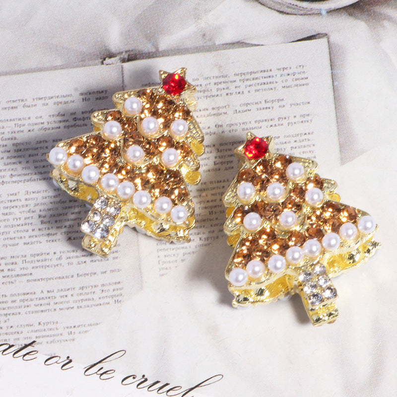 Wholesale 5pcs/pack Alloy Pearl Rhinestone Christmas Tree DIY  Straight Hole Beads